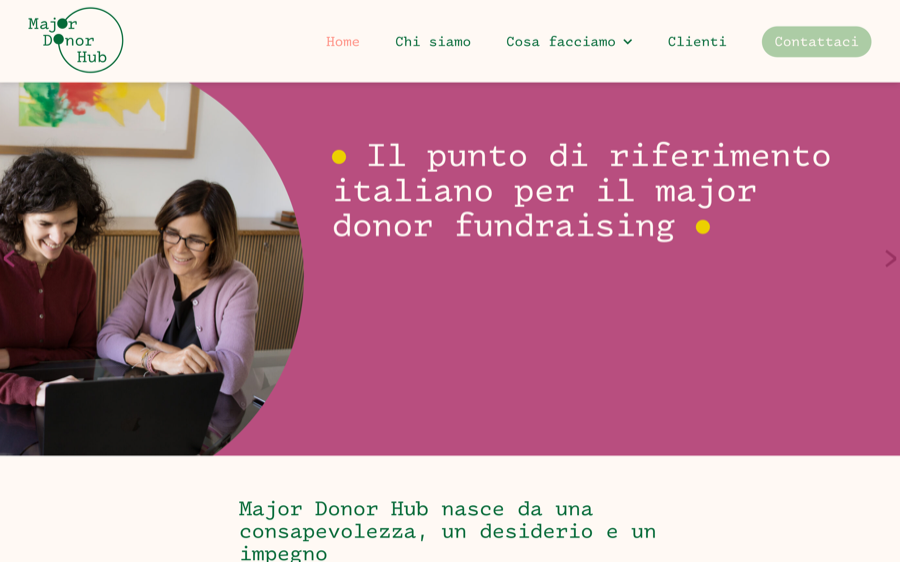 La prima schermata del sito di Major Donor Hub